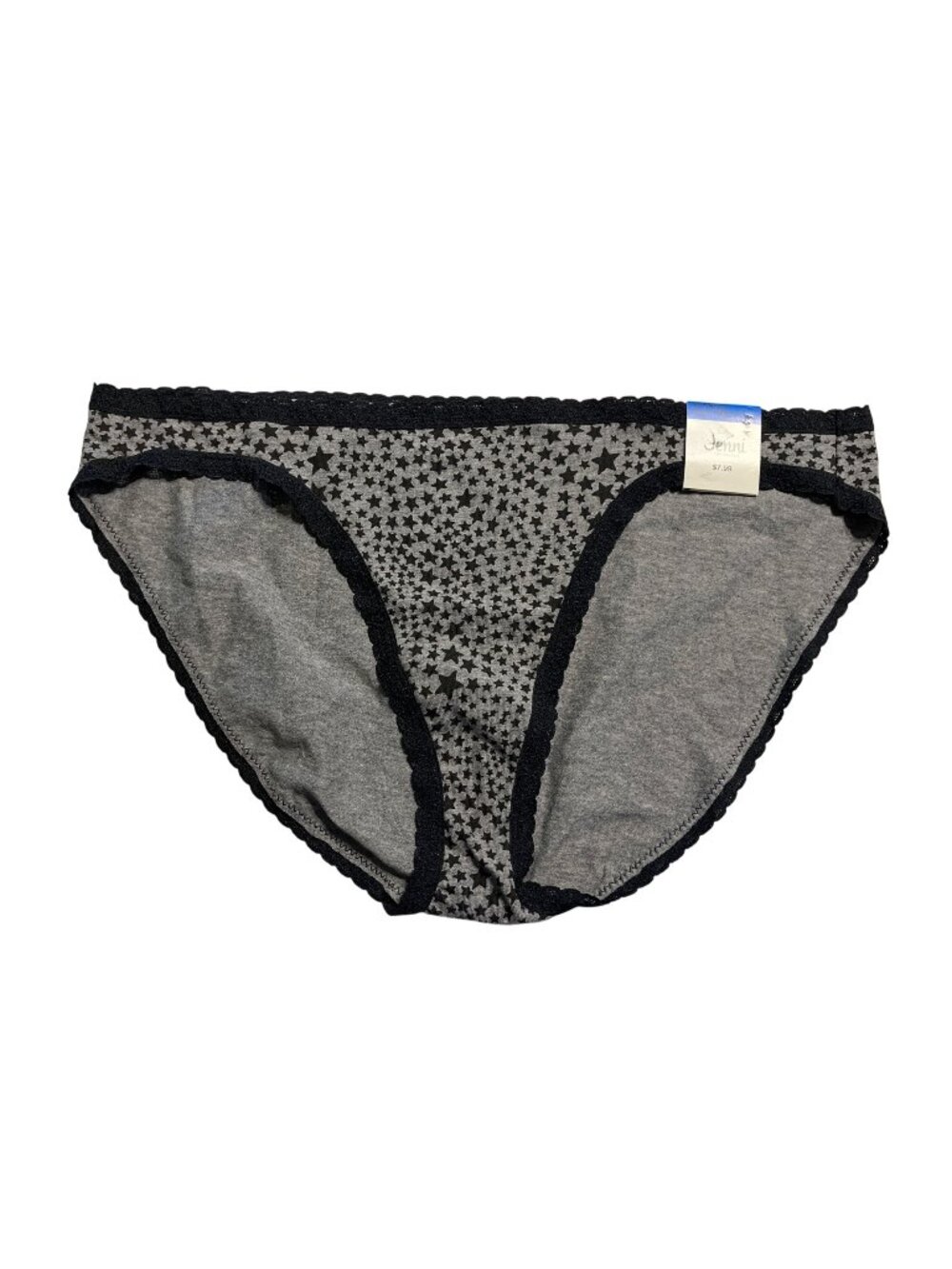 Jenni Intimates Cotton Core Bikini Panty Gray/Black Stars Lace Trim NWT Size XL